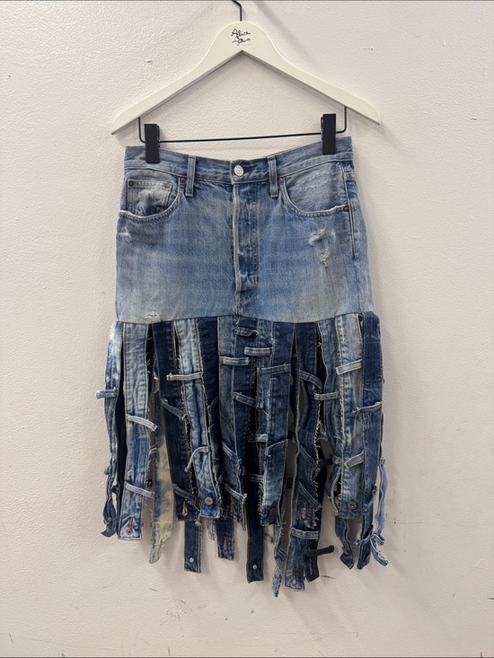 Handmade Dresses & Skirts - Frayed Two-Tone Denim Midi Skirt - Blue